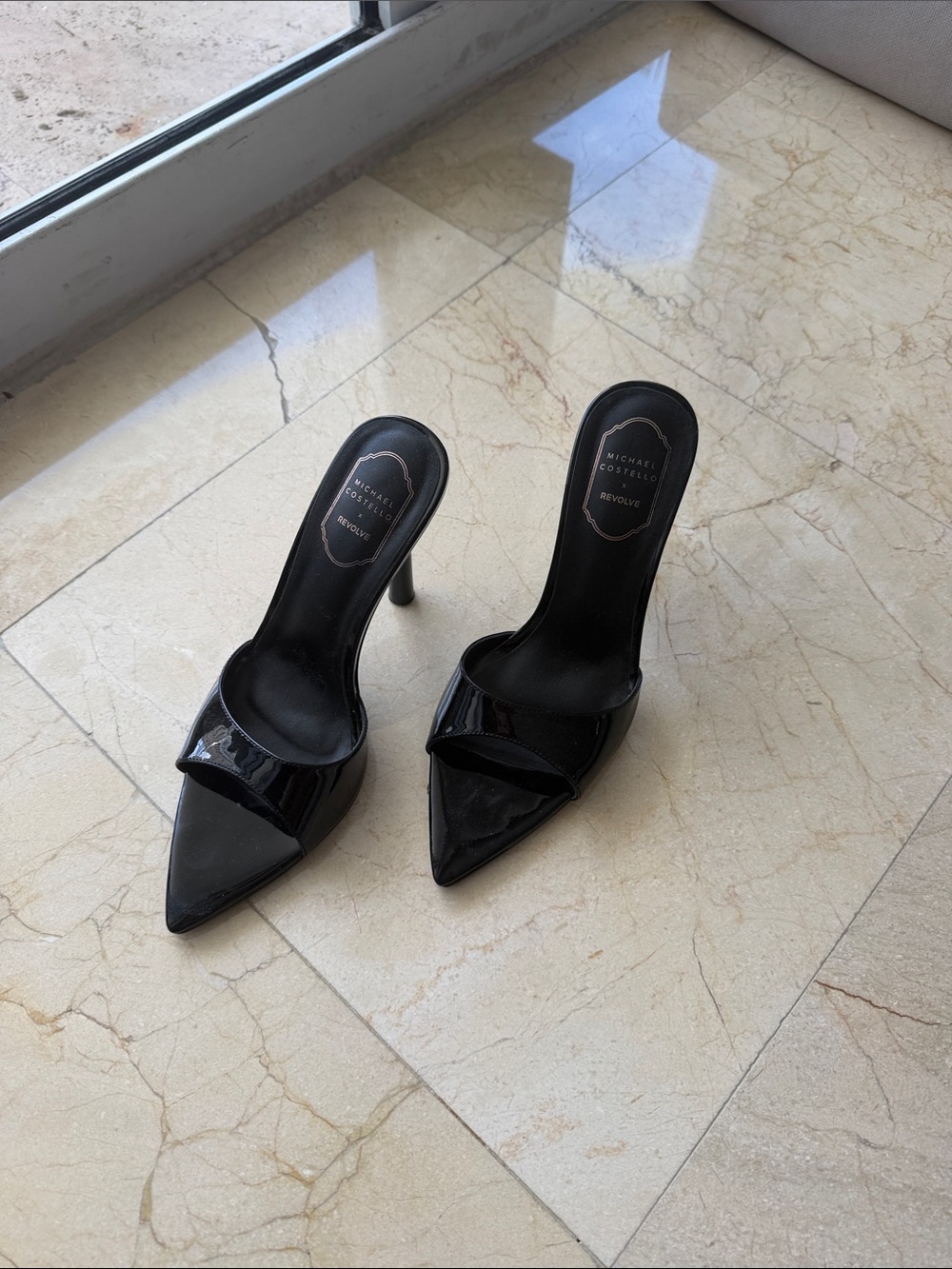 Michael Antonio Black Patent Pointed Mule Stiletto Heels